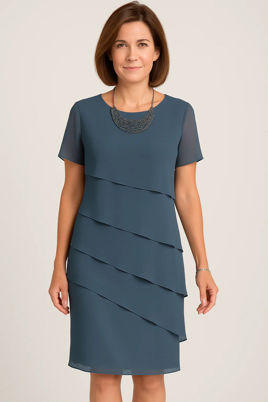 Damen Midikleid mit kurzen Ärmeln, Rundhalsausschnitt und asymmetrischen Lagen