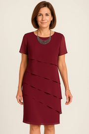 Damen Midikleid mit kurzen Ärmeln, Rundhalsausschnitt und asymmetrischen Lagen