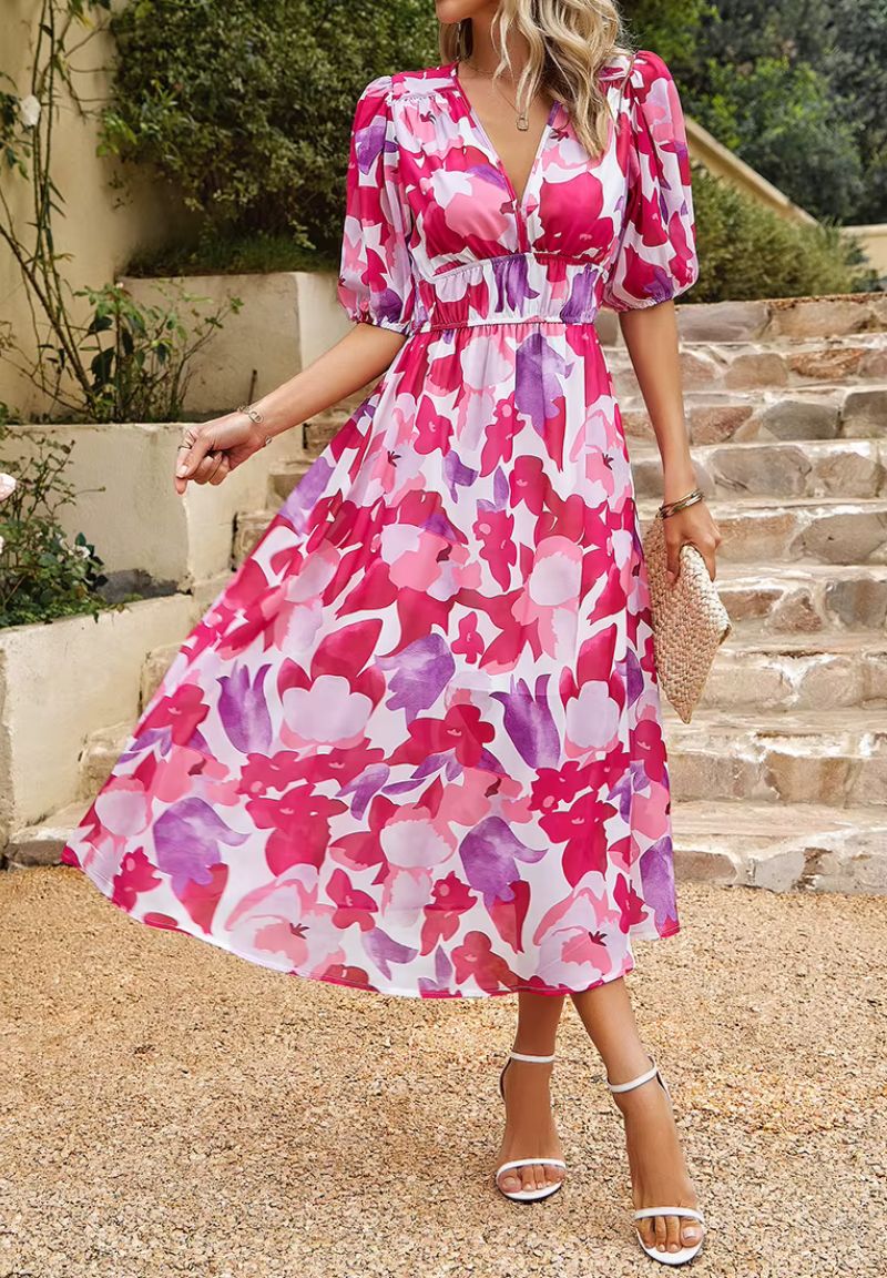 Damen Midikleid mit Print und Puffärmeln