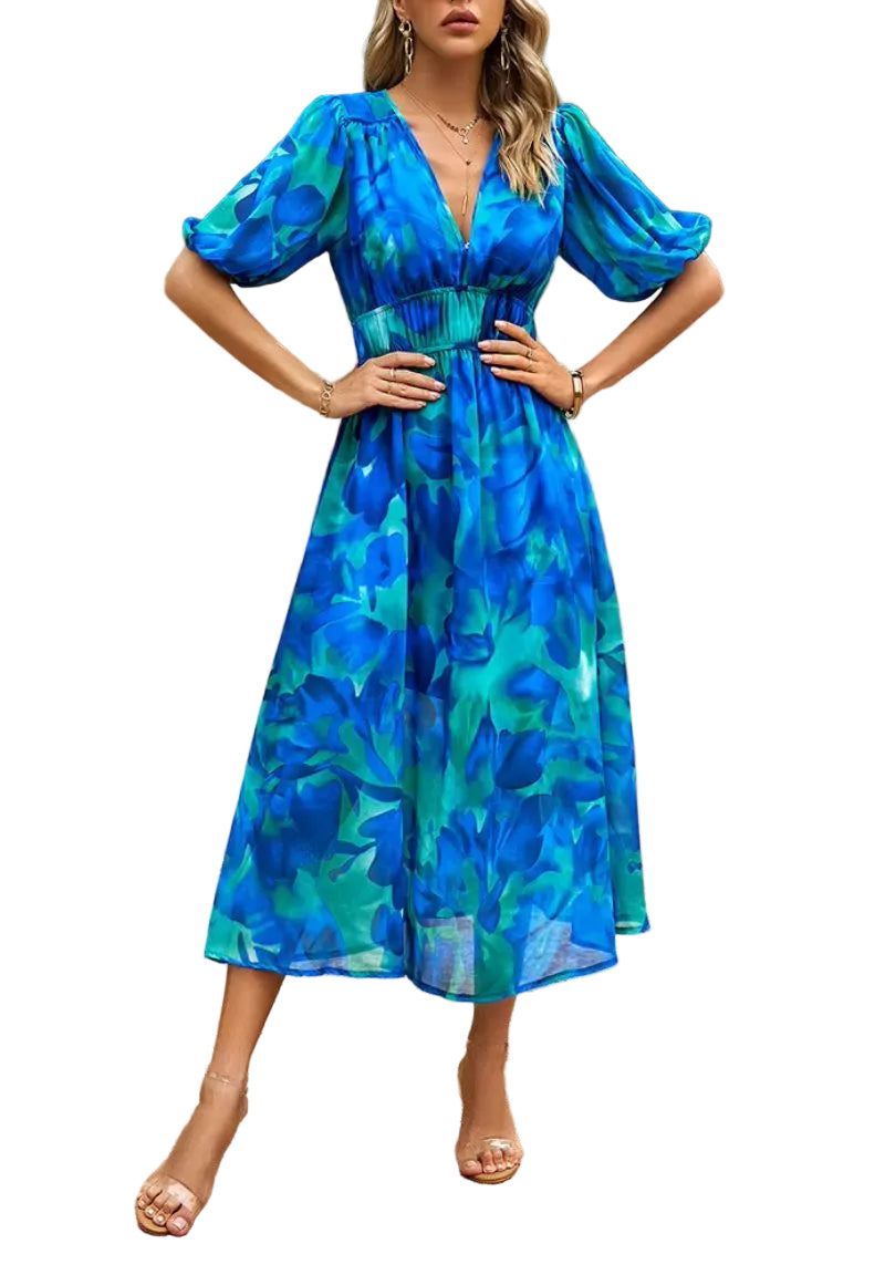 Damen Midikleid mit Print und Puffärmeln