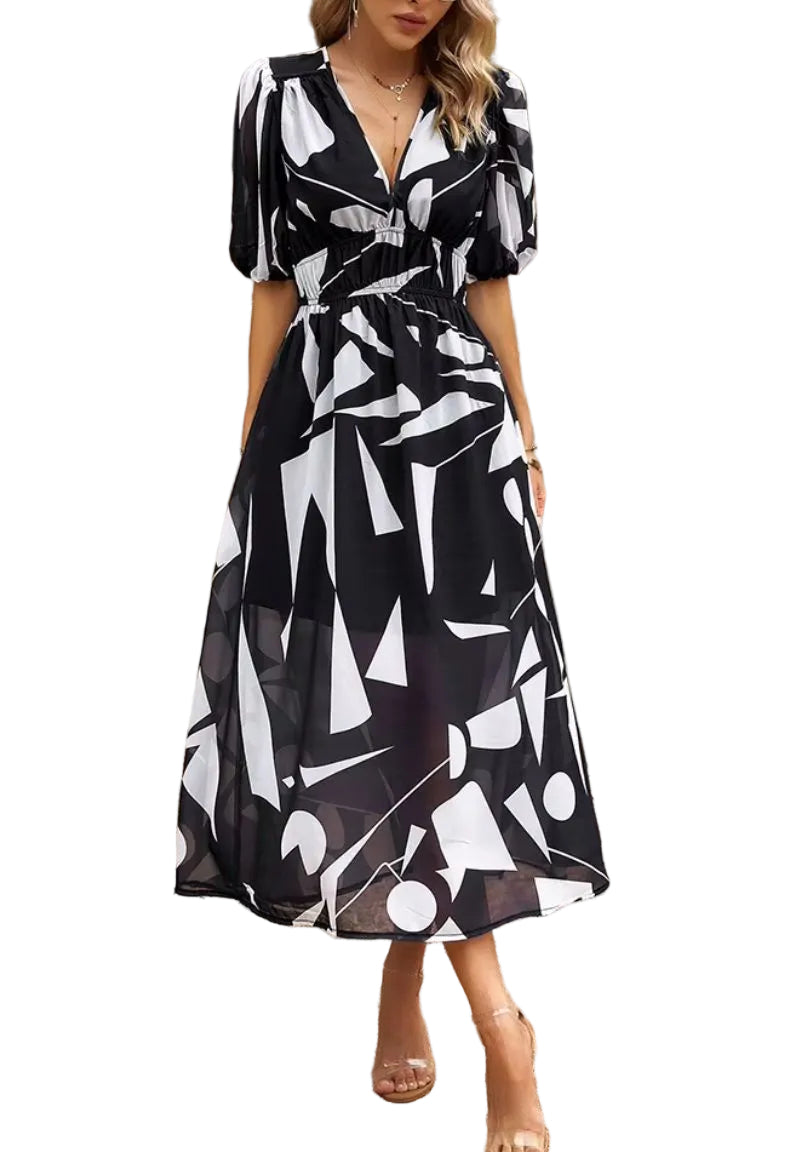 Damen Midikleid mit Print und Puffärmeln