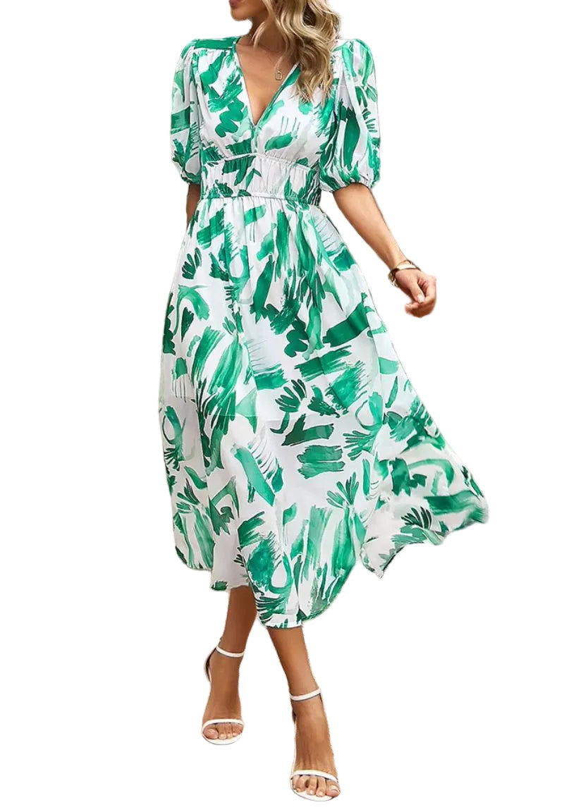 Damen Midikleid mit Print und Puffärmeln