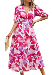 Damen Midikleid mit Print und Puffärmeln
