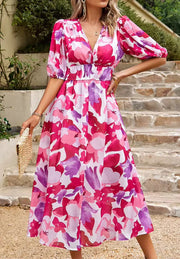 Damen Midikleid mit Print und Puffärmeln