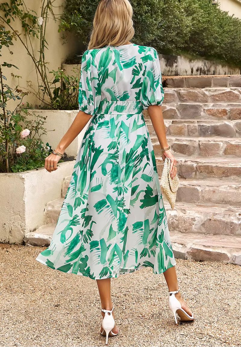 Damen Midikleid mit Print und Puffärmeln