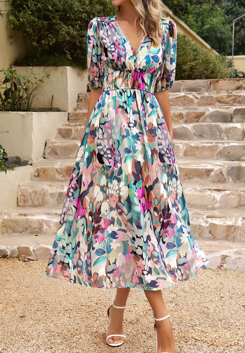 Damen Midikleid mit Print und Puffärmeln
