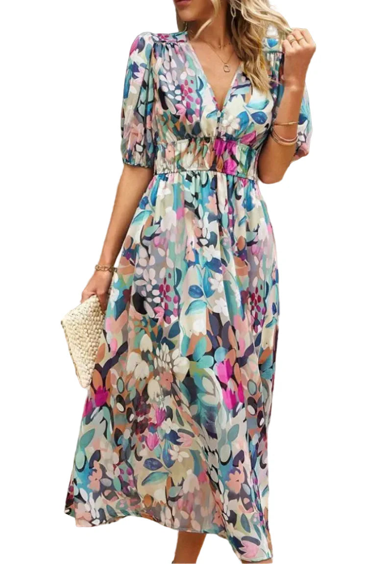 Damen Midikleid mit Print und Puffärmeln