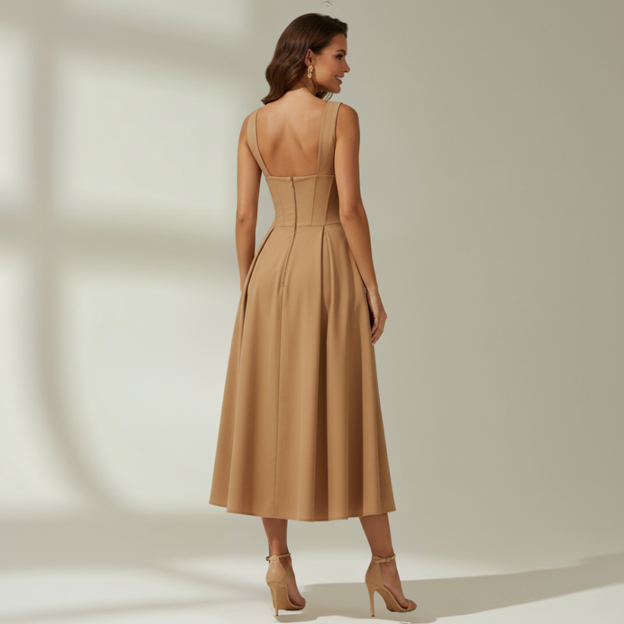 Damen Midikleid mit tiefem V-Ausschnitt und ärmellosem Oberteil