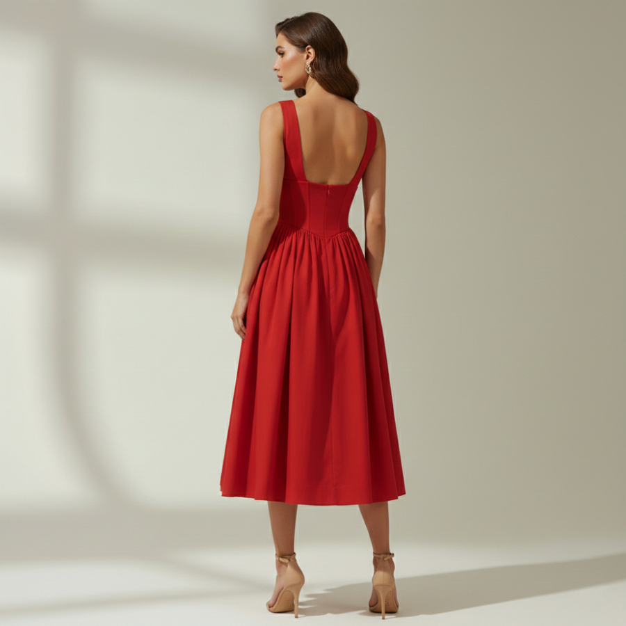 Damen Midikleid mit tiefem V-Ausschnitt und ärmellosem Oberteil