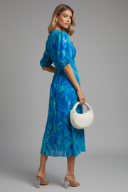 Damen Midikleid mit V-Ausschnitt, elastischer Taille und Puffärmeln