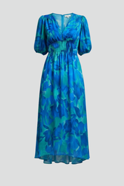 Damen Midikleid mit V-Ausschnitt, elastischer Taille und Puffärmeln