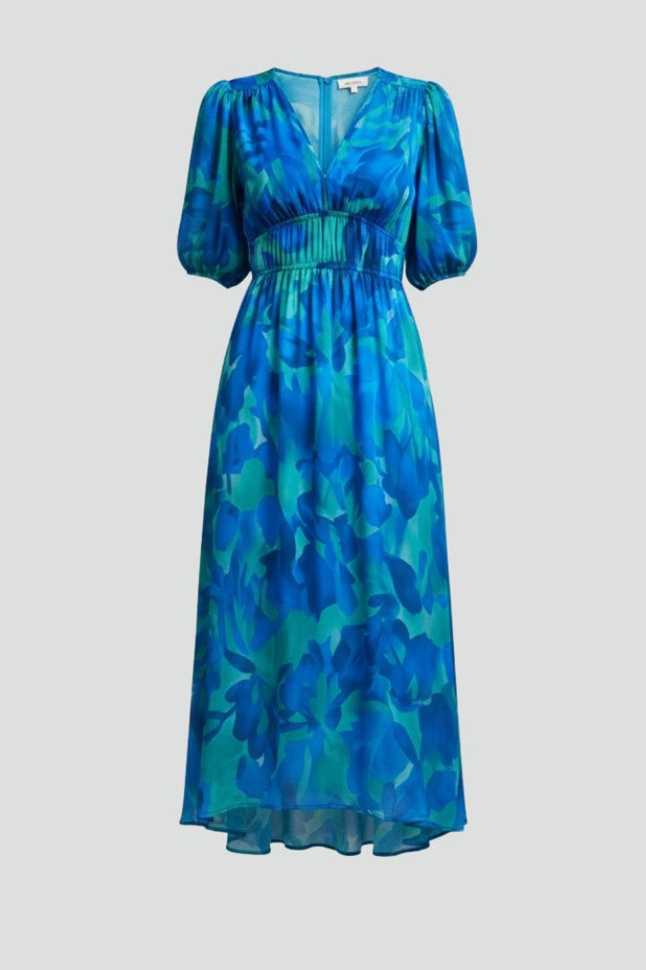 Damen Midikleid mit V-Ausschnitt, elastischer Taille und Puffärmeln