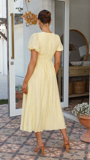 Damen Midikleid mit V-Ausschnitt, Knopfleiste, Puffärmeln und geraffter Taillennaht