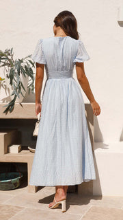 Damen Midikleid mit V-Ausschnitt, Knopfleiste, Puffärmeln und geraffter Taillennaht