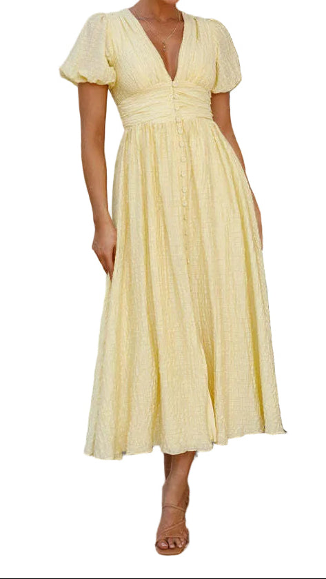 Damen Midikleid mit V-Ausschnitt, Knopfleiste, Puffärmeln und geraffter Taillennaht