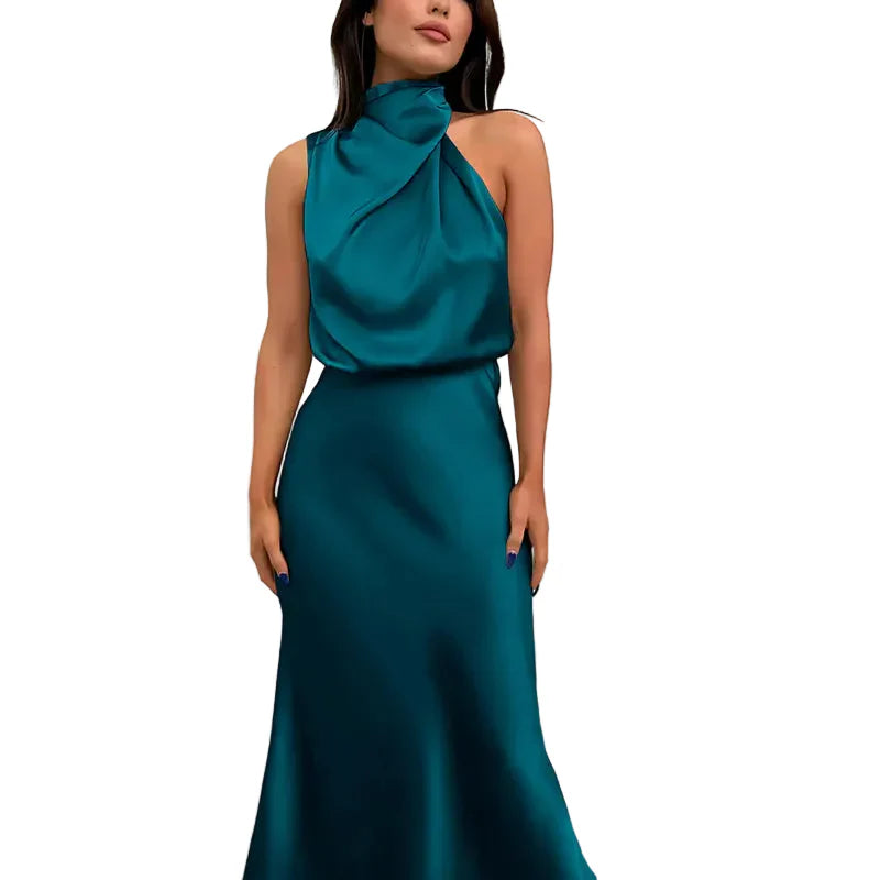 Damen Midikleid ohne Ärmel mit drapiertem Stehkragen