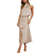 Damen Midikleid ohne Ärmel mit drapiertem Stehkragen