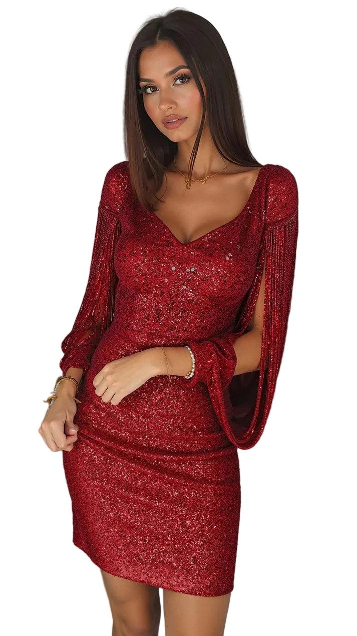Damen Mini-Kleid mit Fransierten Ärmeln