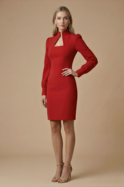 Damen Mini Kleid mit langen Ärmeln, Stehkragen und Ausschnittdetail