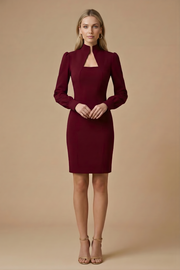 Damen Mini Kleid mit langen Ärmeln, Stehkragen und Ausschnittdetail