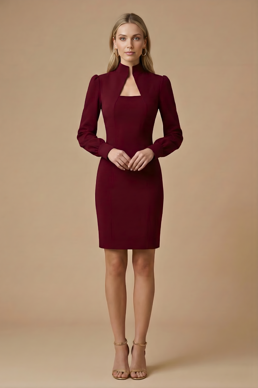 Damen Mini Kleid mit langen Ärmeln, Stehkragen und Ausschnittdetail