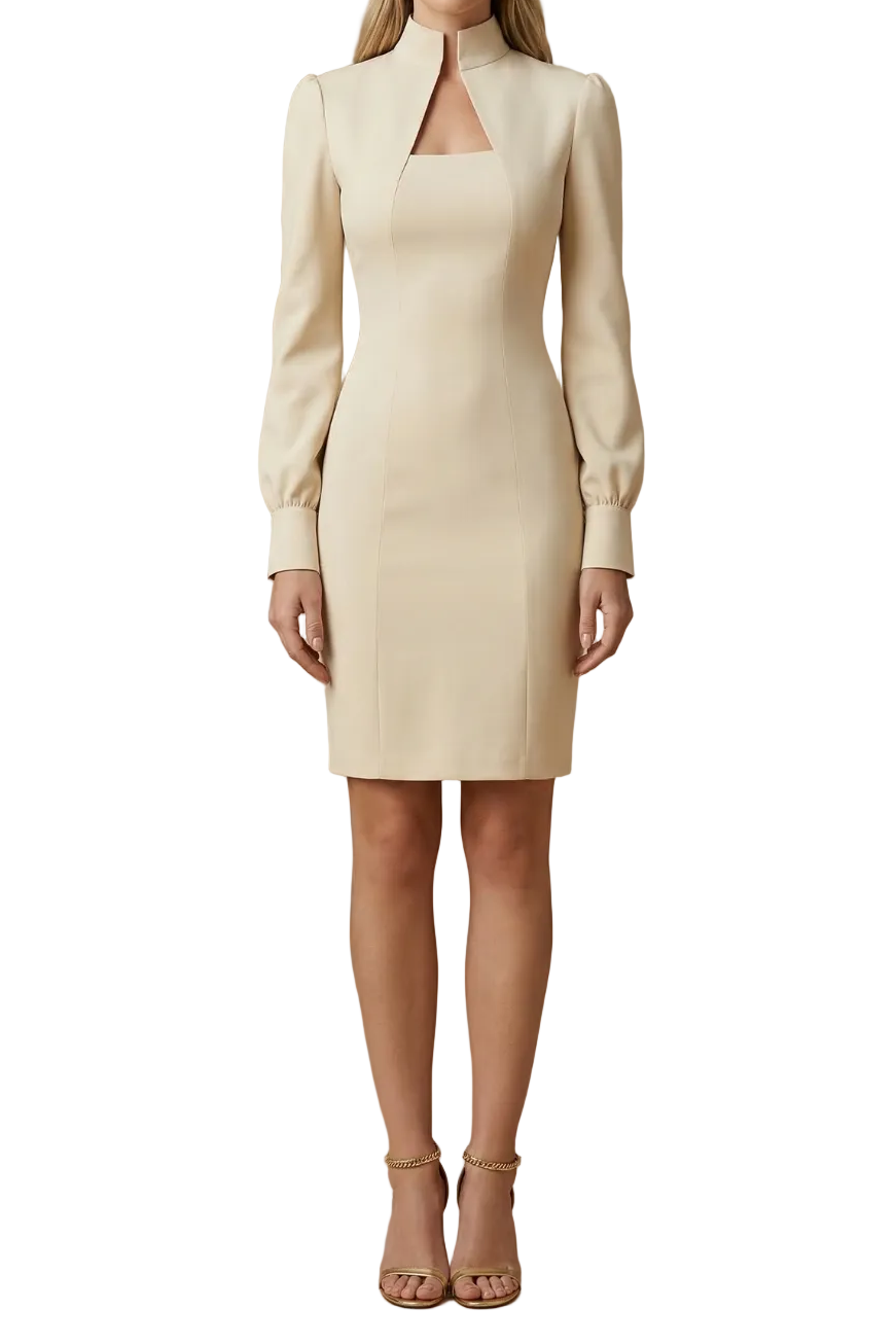 Damen Mini Kleid mit langen Ärmeln, Stehkragen und Ausschnittdetail