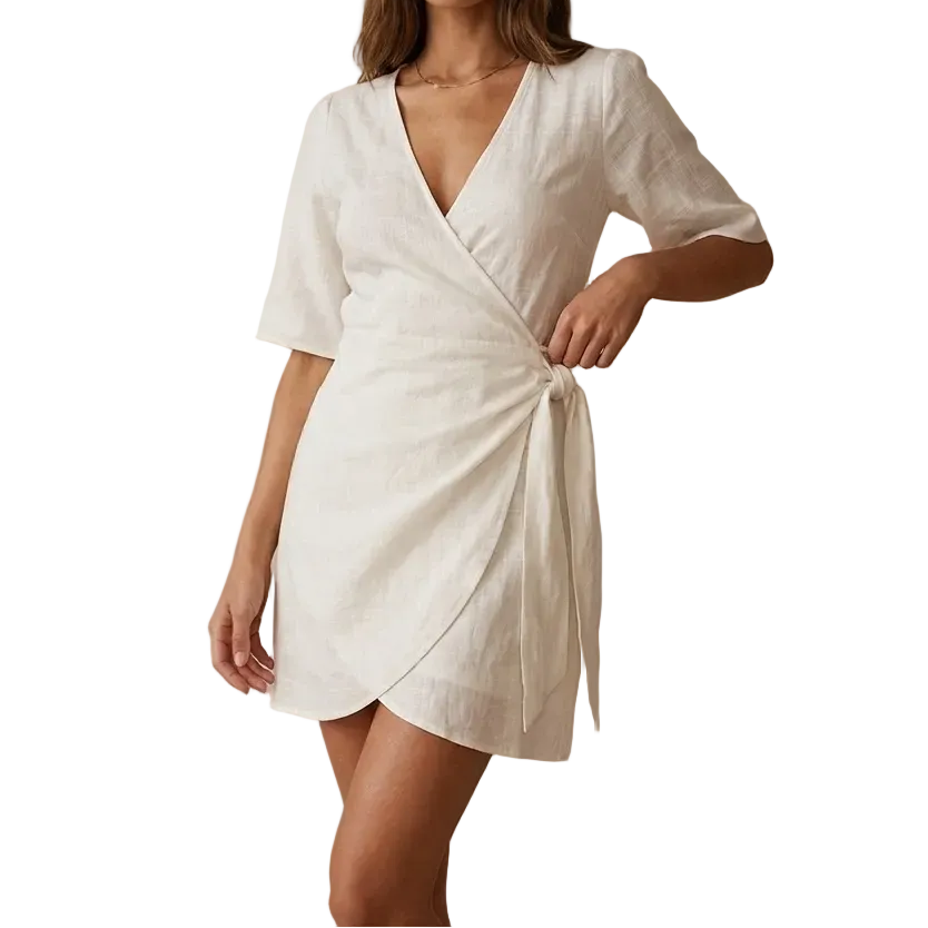 Damen Minikleid mit kurzen Ärmeln, Wickeloptik, V-Ausschnitt und seitlicher Bindung