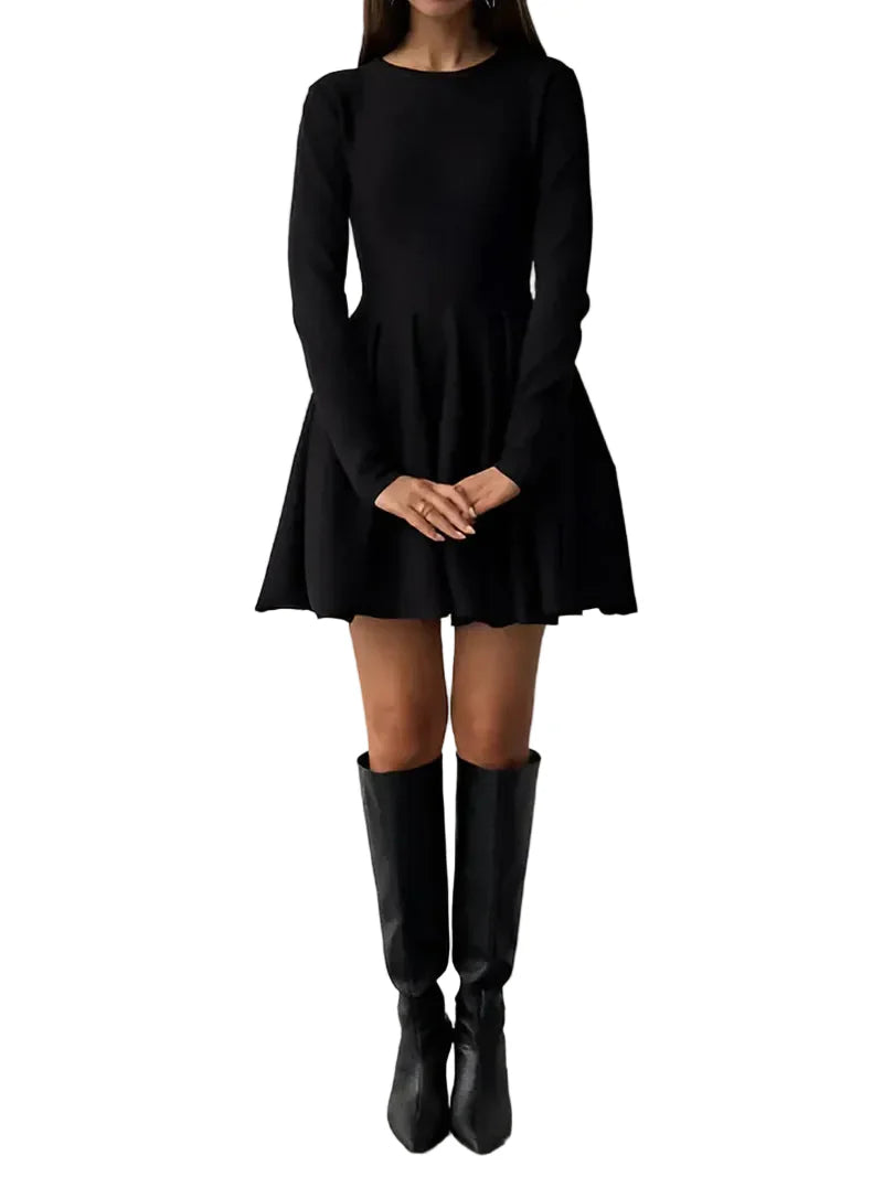Damen Minikleid mit langen Ärmeln, Rundhalsausschnitt und ausgestelltem Rock