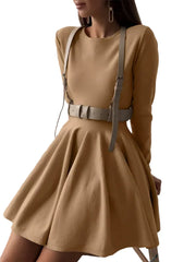 Damen Minikleid mit langen Ärmeln, Rundhalsausschnitt und ausgestelltem Rock