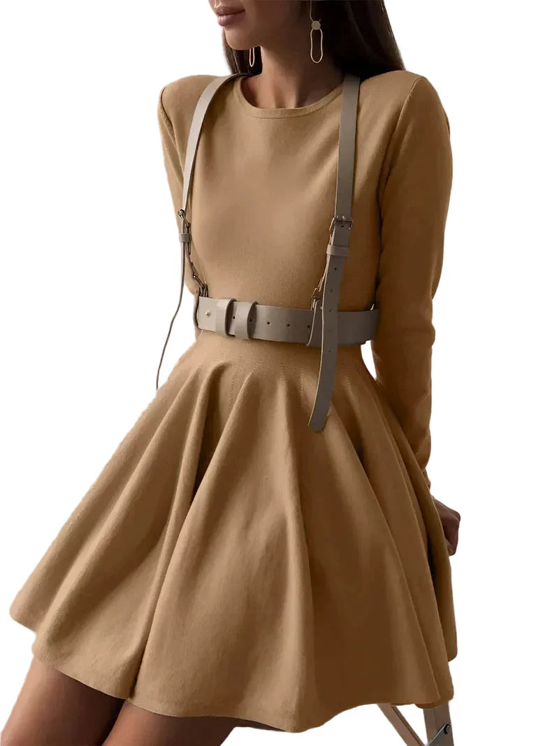 Damen Minikleid mit langen Ärmeln, Rundhalsausschnitt und ausgestelltem Rock
