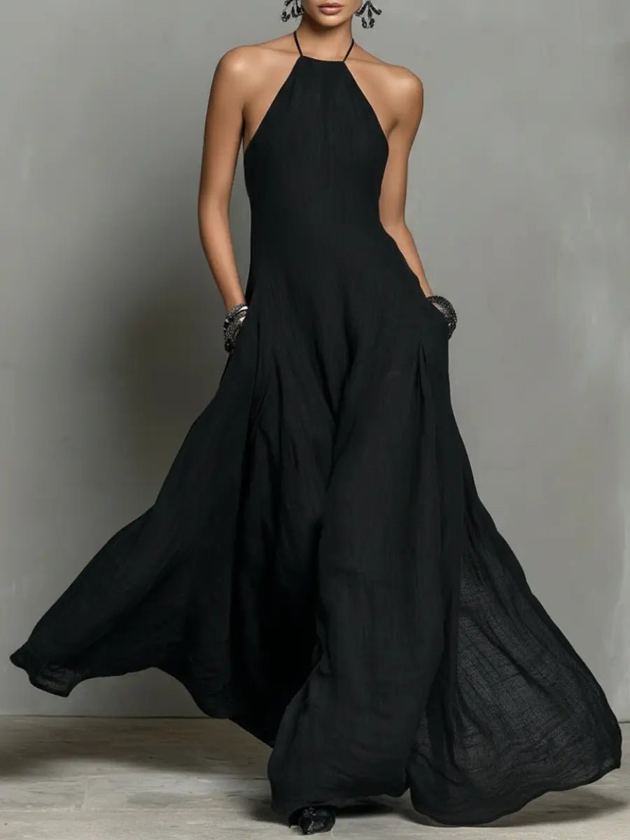 Mia | Damen Neckholder Leinen Maxi Kleid Ärmellos