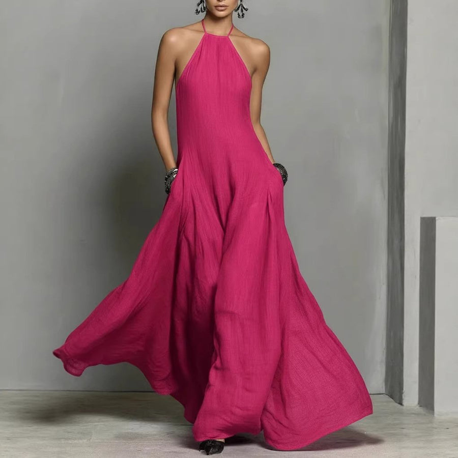 Mia | Damen Neckholder Leinen Maxi Kleid Ärmellos