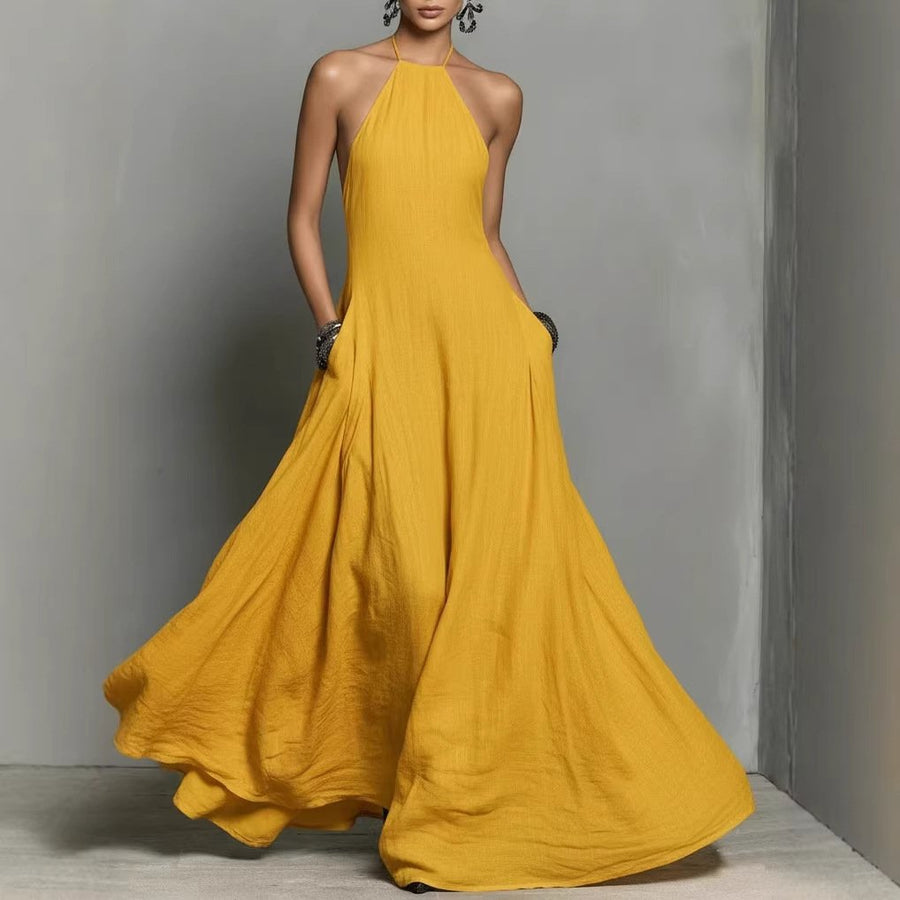Mia | Damen Neckholder Leinen Maxi Kleid Ärmellos