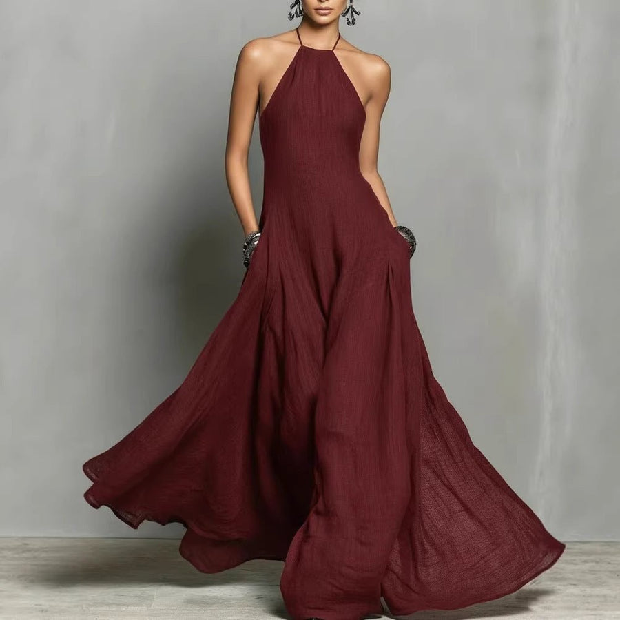 Mia | Damen Neckholder Leinen Maxi Kleid Ärmellos