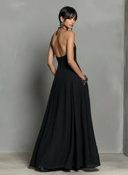 Mia | Damen Neckholder Leinen Maxi Kleid Ärmellos