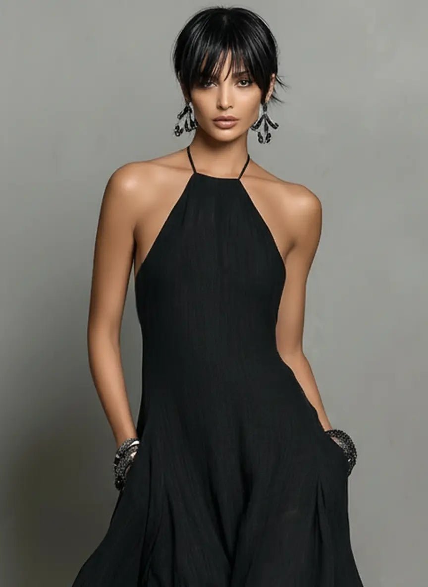 Mia | Damen Neckholder Leinen Maxi Kleid Ärmellos