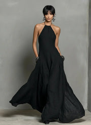 Mia | Damen Neckholder Leinen Maxi Kleid Ärmellos