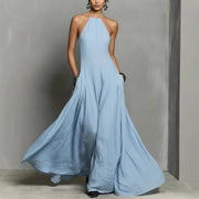 Mia | Damen Neckholder Leinen Maxi Kleid Ärmellos