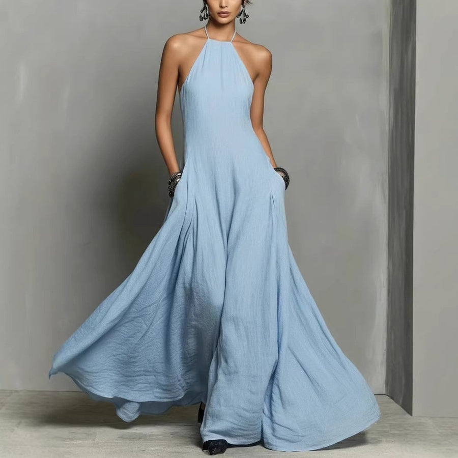 Mia | Damen Neckholder Leinen Maxi Kleid Ärmellos