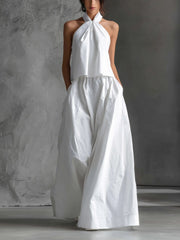 Hannah | Damen Neckholder Linen Top Rock Set Ärmellos