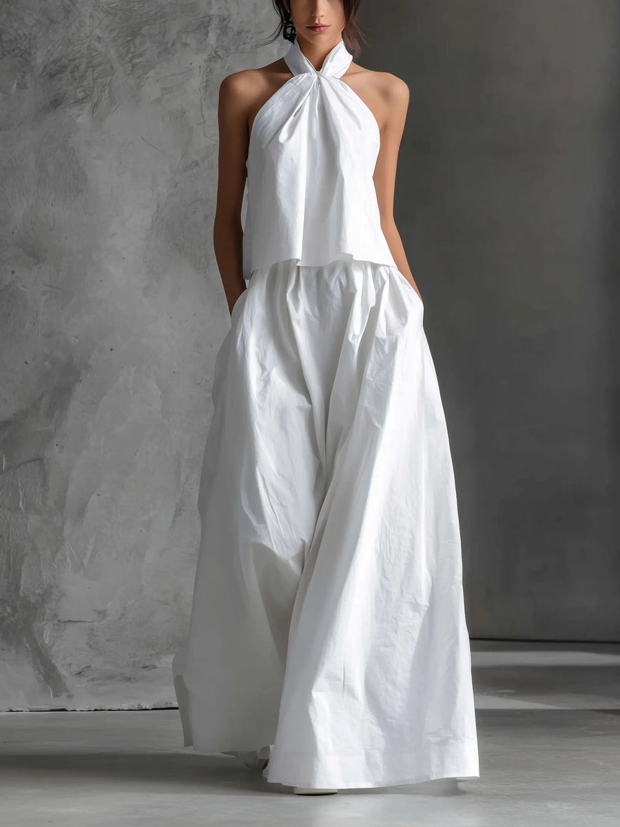 Hannah | Damen Neckholder Linen Top Rock Set Ärmellos