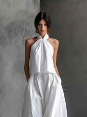 Hannah | Damen Neckholder Linen Top Rock Set Ärmellos