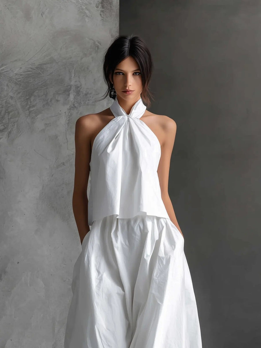 Hannah | Damen Neckholder Linen Top Rock Set Ärmellos