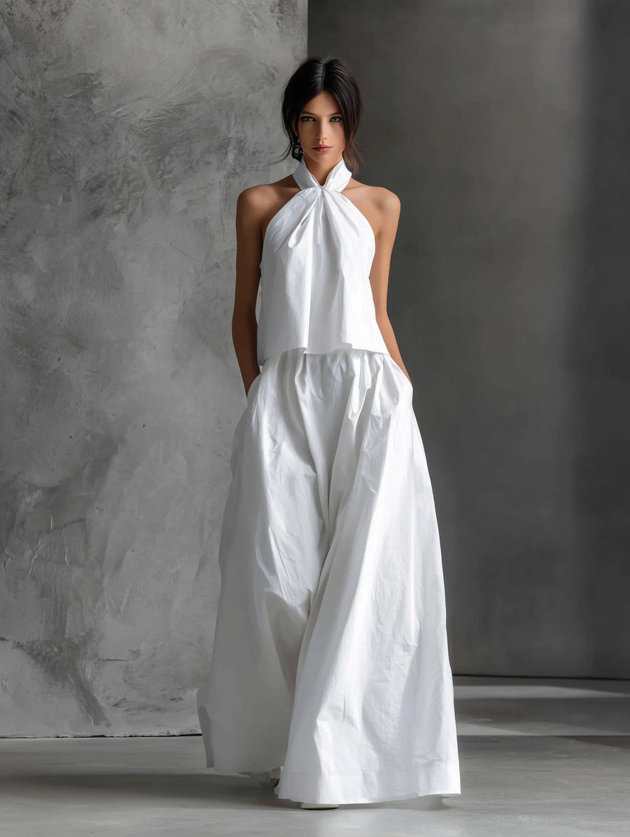 Hannah | Damen Neckholder Linen Top Rock Set Ärmellos