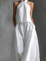 Hannah | Damen Neckholder Linen Top Rock Set Ärmellos
