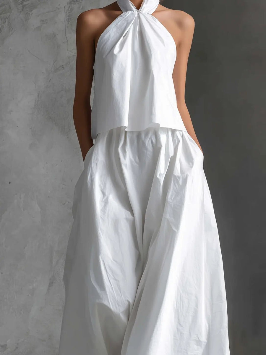 Hannah | Damen Neckholder Linen Top Rock Set Ärmellos