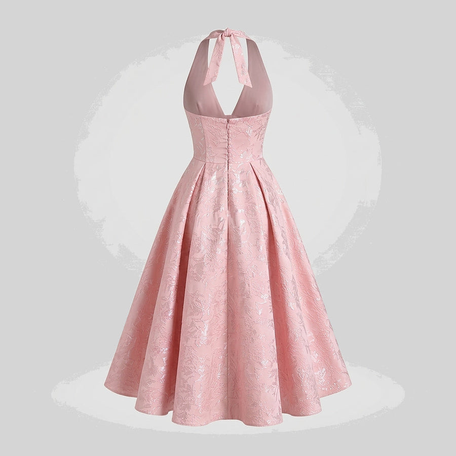 Damen Neckholderkleid mit Korsett Oberteil und Strukturmuster und Schleife am Nacken