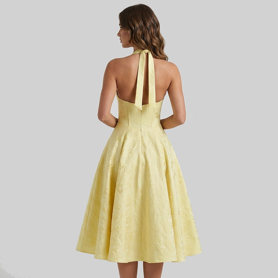 Damen Neckholderkleid mit Korsett Oberteil und Strukturmuster und Schleife am Nacken