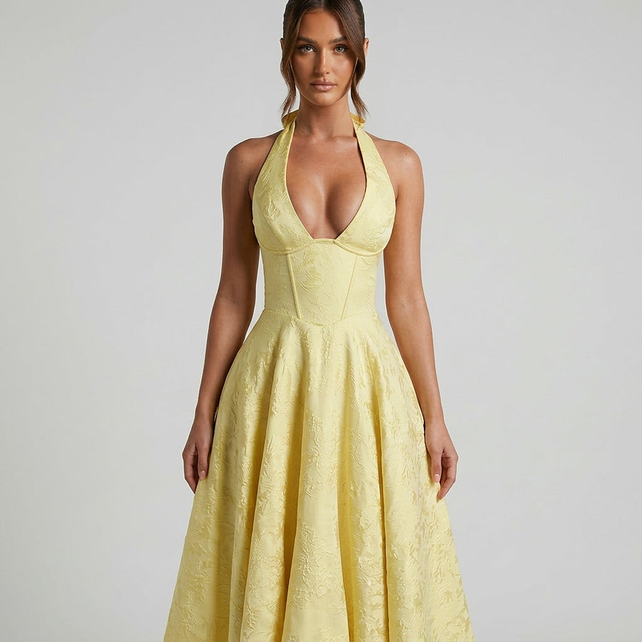 Damen Neckholderkleid mit Korsett Oberteil und Strukturmuster und Schleife am Nacken