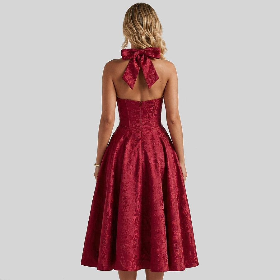Damen Neckholderkleid mit Korsett Oberteil und Strukturmuster und Schleife am Nacken